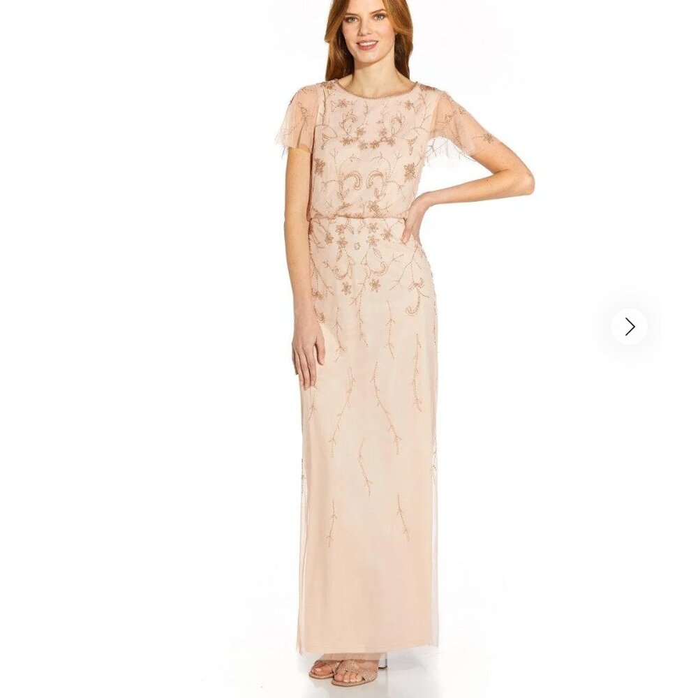 Adrianna Papell Beaded Emroidered Nude Champagne Gown Size 10 Formal Maxi Dress